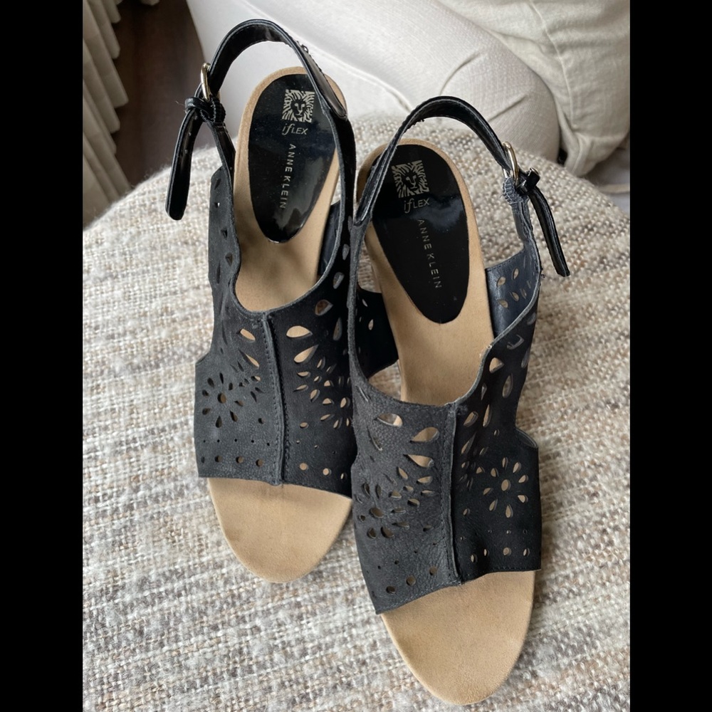 Anne Klein iflex Black Suede Perforated Wedge Sandal
